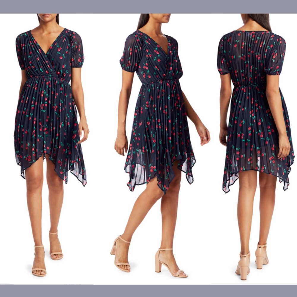 NWT $388 The Kooples [ 4 (XL) ] V-Neck Cherry Print Asymmetric Dress #G903‎